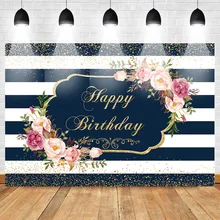 Mehofoto Birthday Photo Background for Photography Flower Backdrop Party Theme Banner Blue and White Stripes Photo Studio