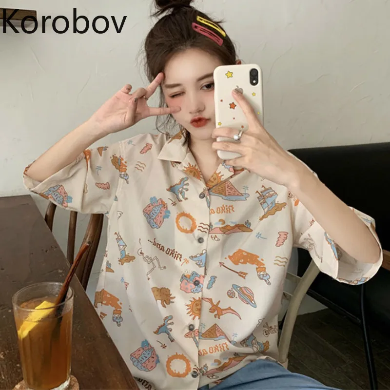 

Korobov Korean Women Cartoon Print Blouses Summer New Short Sleeve Harajuku Blusas Mujer Single Breasted Female Shirts 78072