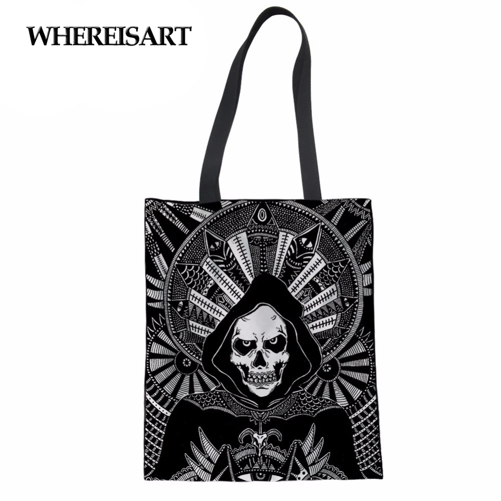 WHEREISART Модные женские льняные хозяйственные сумки 3D Панк с принтом черепа женские Эко сумки многофункциональная переработка сумка-мешок супермаркета