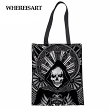 WHEREISART Модные женские льняные хозяйственные сумки 3D Панк с принтом черепа женские Эко сумки многофункциональная переработка сумка-мешок супермаркета