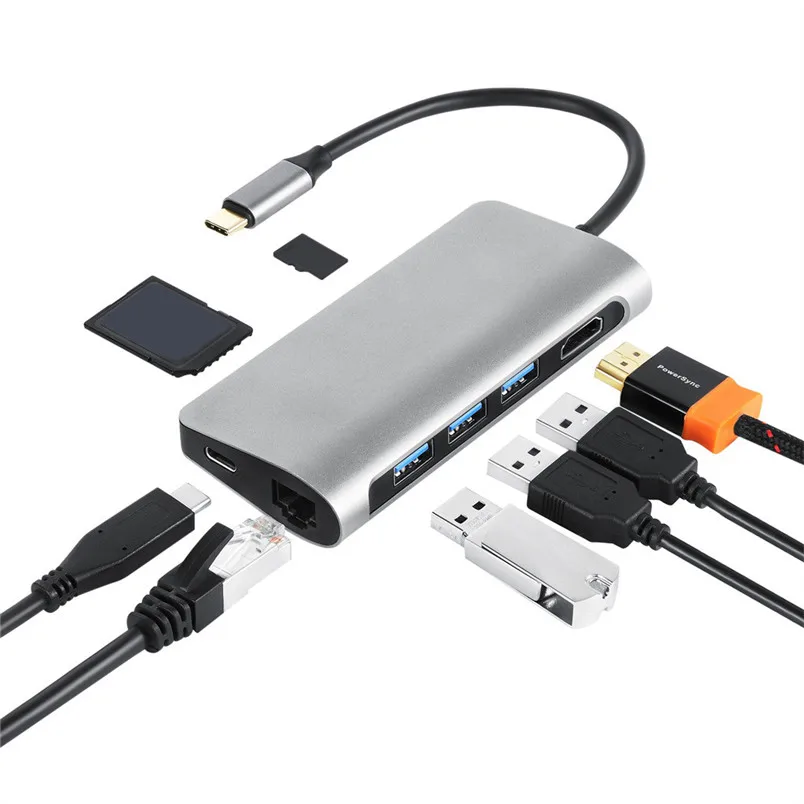 

Type-C to HDMI+RJ45+PD+USB 3.0x3+SD/TF Multi-purpose Dock Aluminum Alloy 8 in 1 USB C Hub SD TF Card Reader Hub 30A19