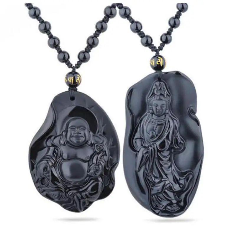 

100% Natural Black Obsidian Stone Carving Buddha&Guanyin Pendant Women Men's Amulet Lucky Jades Jewelry Pendants+Beads Necklace