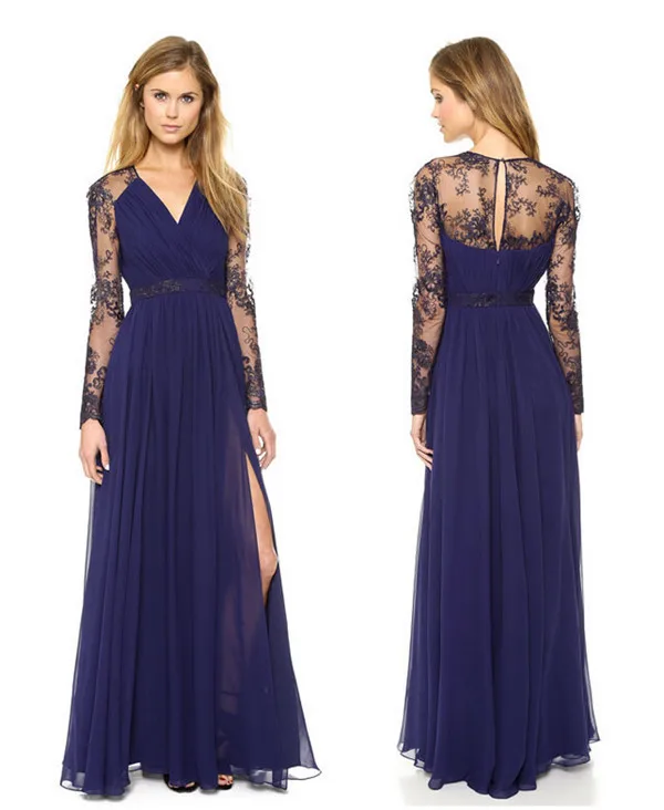 Long Dress Elegant Beach Selling V Neck long SleeveSplit Sexy With Knot Back wedding Vestido de festa lace dress | Женская одежда