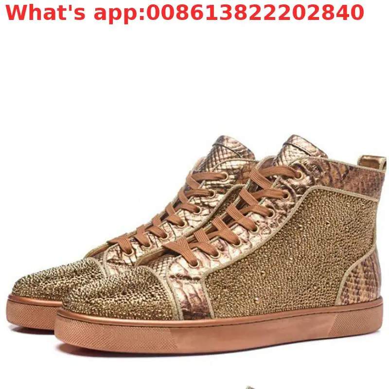 

Real Leather Golden Crystal Leisure Shoes Walking Sneaker Outdoor Sports Luxury Designer Shoes For Men Lace Up High Top Sneakers