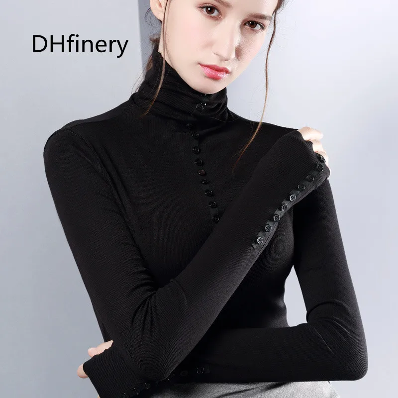 Женская футболка DHfinery осенняя/зимняя эластичная Водолазка с длинным рукавом на