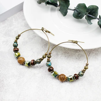 Bohemian Colorful Rhinestone Wooden Beads Earrings Exaggerated Round Retro Beads Charm Earrings Female Holiday Jewelry