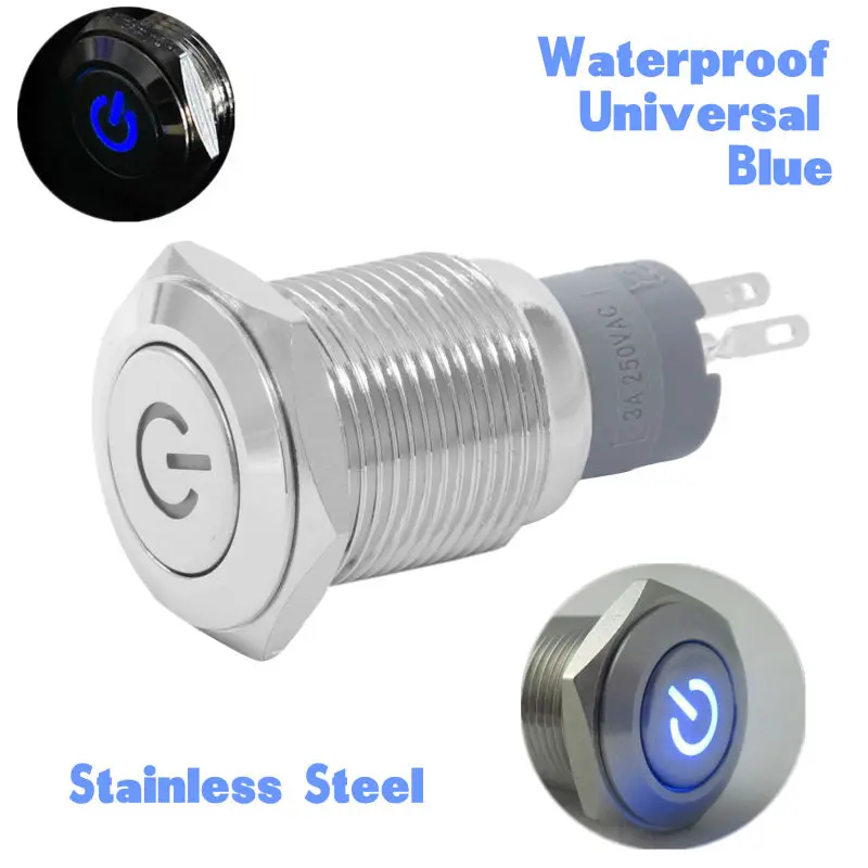 1X 12V 3A 16mm Blue LED Stainless Steel Power Push Botton Switch On Off Control