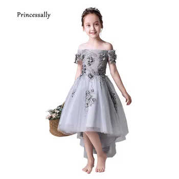 

New Grey Flower Girl Dress High Low Boat Neck Appliques Beading Formal Evening Prom Gown For Child Flower Dress Vestido Flores