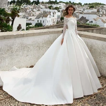 Ashley Carol атласное с вырезом «лодочкой» Свадебные платья с длинными рукавами простое французское платье невесты бисерные аппликации винтажное свадебное платье