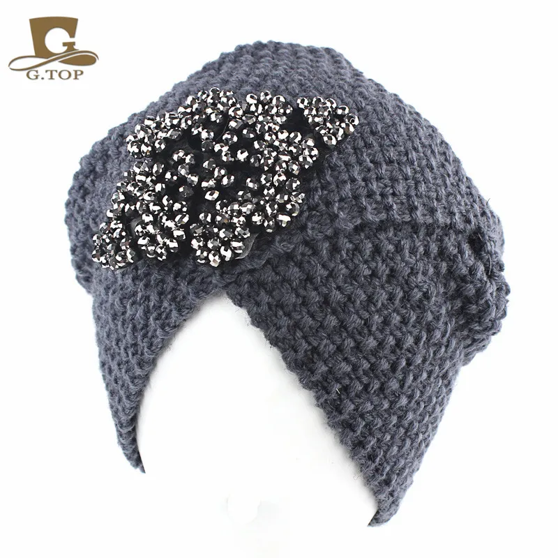 

NEW Luxury Divas Winter Knit Turban Beanie With jeweled flower indian style head wrap