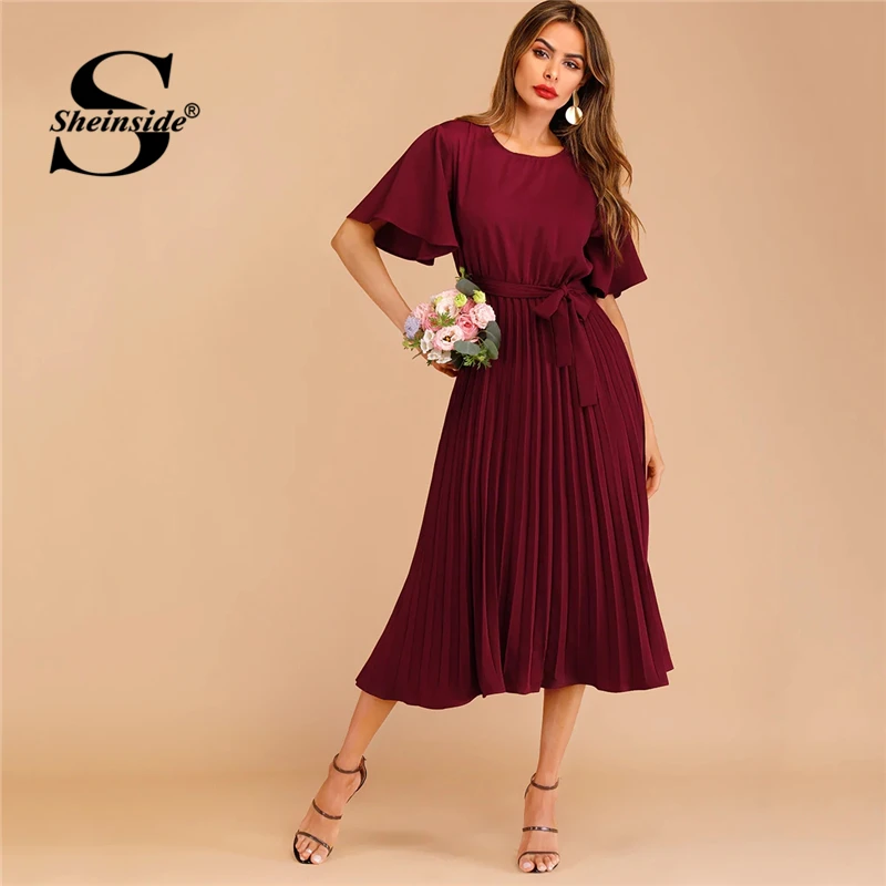 Sheinside Burgundy Button Keyhole Pleated Belted Dress Flounce Sleeve Women 2019 Spring Dresses Elegant Solid Ladies Dress
