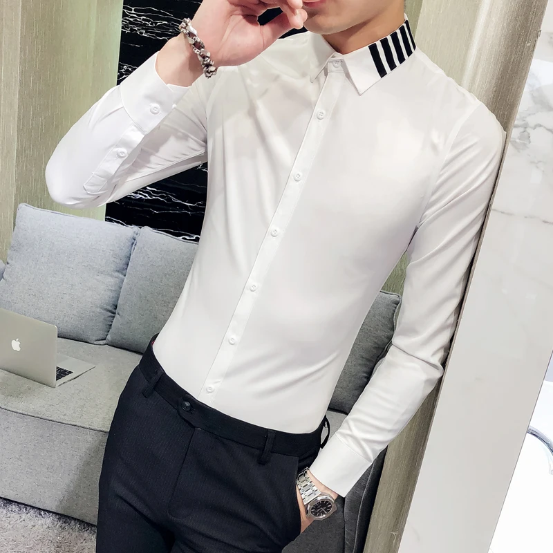 

Personality Simple White Shirt Men Brand New Slim Fit Long Sleeve Social Men Dress Shirts Casual Solid Business Work Shirt Male