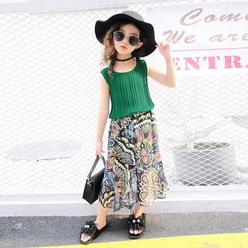 

Baby Girl Outfit Sets summer Cotton Kids Baby Girl Chiffon Blouse Vest Tops Flower Dress Skirt Set Outfits Clothes Green F503