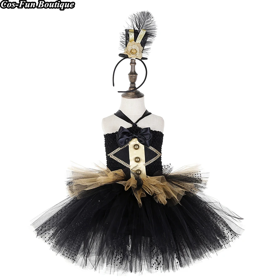 

Circus Lion Tamer Ringmaster Costume Black&Glod Girl Birthday Party Outfits Double Layer Lace Tutu Dress With Hat Halloween Cos