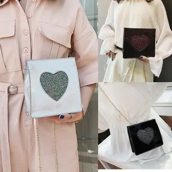 

2019 Newest Hot Fashion Women Shining Love Heart Handbag PU Gold Chain Shoulder Messenger Bag Women Satchel Tote Purse Bags