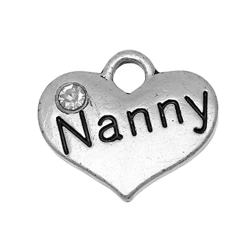 

Zinc Metal Alloy + Rhinestone Charm Pendants Heart Silver Color Message "Nanny"Clear Rhinestone 16mmx14mm ,20 PCs