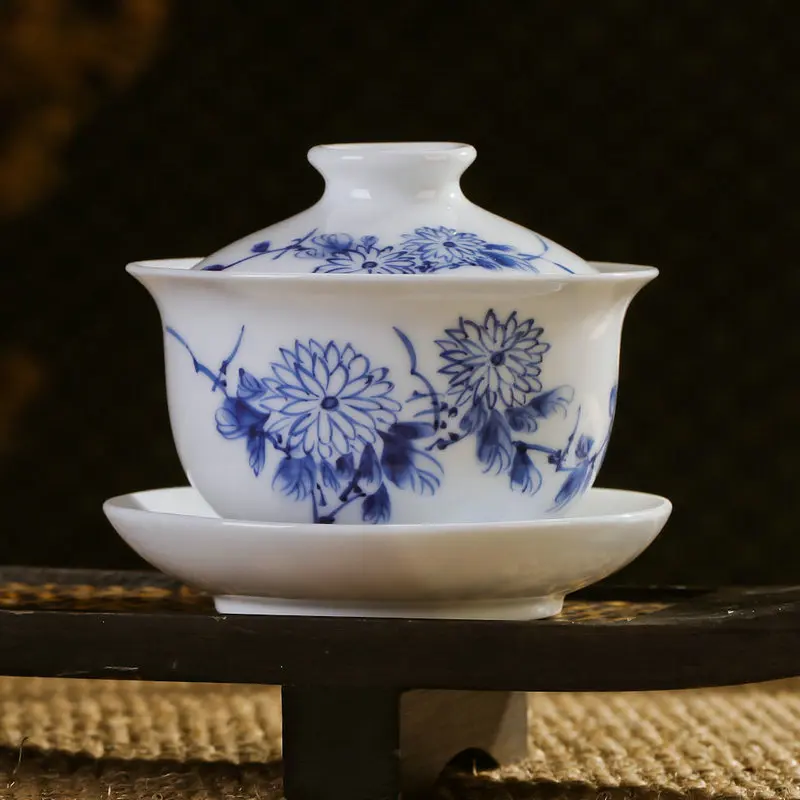 Голубая и белая фарфоровая чайная чашка/Gaiwan с традиционной китайской Тонкой кистью Ручная роспись картина с хризантемами CN-01-102