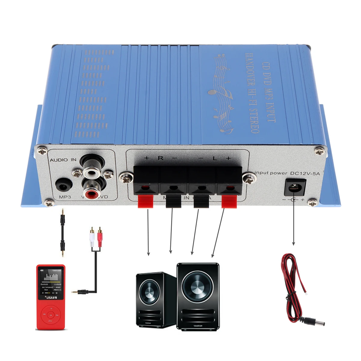 20Hz - 20KHz Hi-Fi Car Stereo Audio Amplifier RMS 20W 85dB + 10W Support CD DVD MP3 Input Auto Vehicle Audio Amplifier