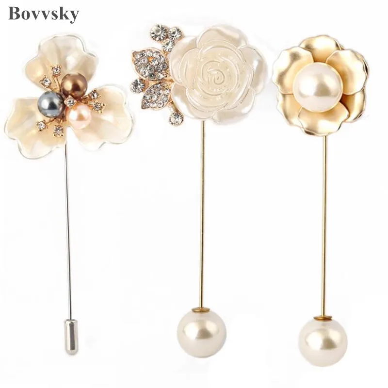 

Bovvsky women Sweater Brooch Rose Flower Corsage Camellia Long Needle Pin For Women Shawl Shirt Collar Accessories
