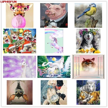 

LIPHISFUN Handmade Cross Stitch Embroidery Diamond Painting Full Drill Wallpaper Square/round animal horse pig bird dog tiger