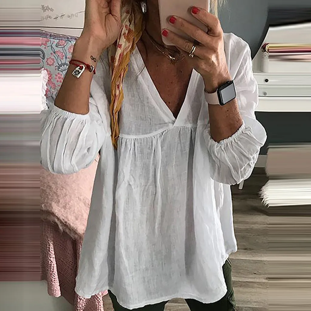 SAGACE женская рубашка блузки s 2019 сексуальная VNeck рукав 3/4 одноцветная хлопковая