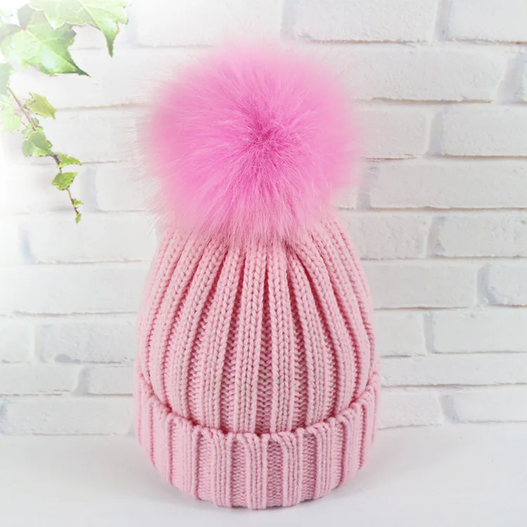 Вязаная шапка с большим помпоном, женские зимние шапки для женщин, женские шапочки для девочек, детские Skullies Femme SnapBack, теплая шерстяная шапка - Цвет: Pink