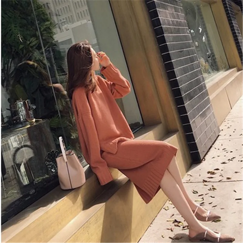 

2018 Autumn Winter Women Suit With A Skirt Two Piece Set Women Together Clothes Female Warm Knitted Suit