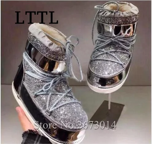 2017 New Woman Winter Warm Snow Boots Bling Bling Glitter Thick Bottom Shiny Silver/Gold Leather Female Slip-on Ankle Boots