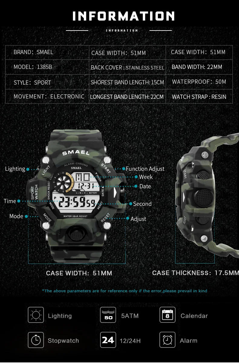 SMAEL, мужские спортивные часы, шок, военные часы, модные камуфляжные наручные часы, для дайвинга, мужские спортивные, светодиодный, цифровые, водонепроницаемые часы