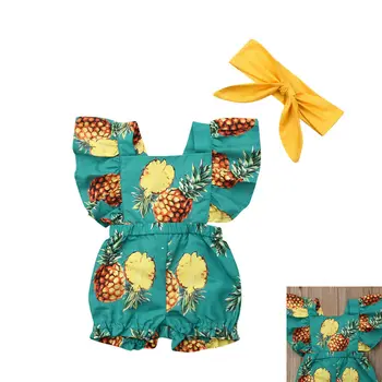 

2019 New Arrival Baby Girl Pineapple Print Clothes Cotton Soft Bodysuit Headband Outfits