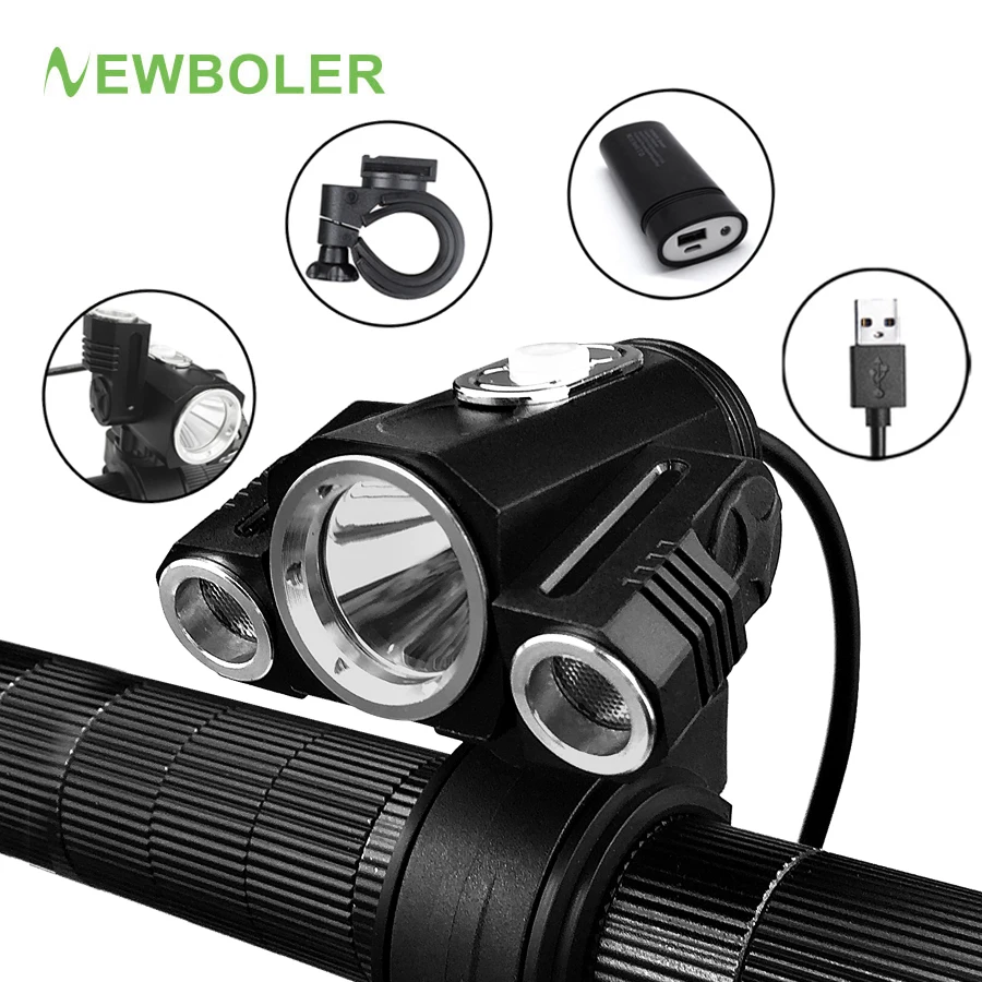 NEWBOLER Bicycle Front Light Adjust Angle 3X XML T6 LED With USB Rechargeable Power Bank Cycling Lamp Bike Accessories 