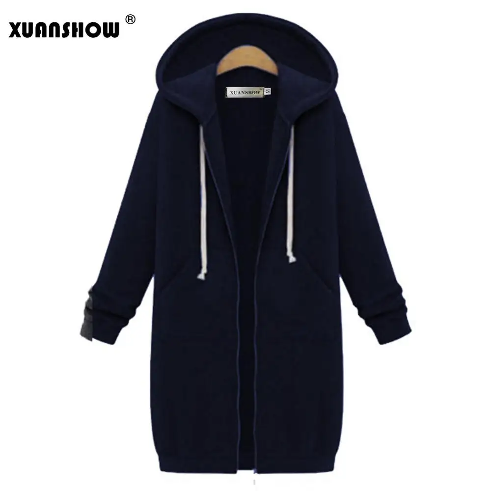 XUANSHOW женские зимние куртки модная верхняя одежда на молнии с длинным рукавом и капюшоном Женское пальто размера плюс теплое S-5XL на молнии - Цвет: Navy Blue