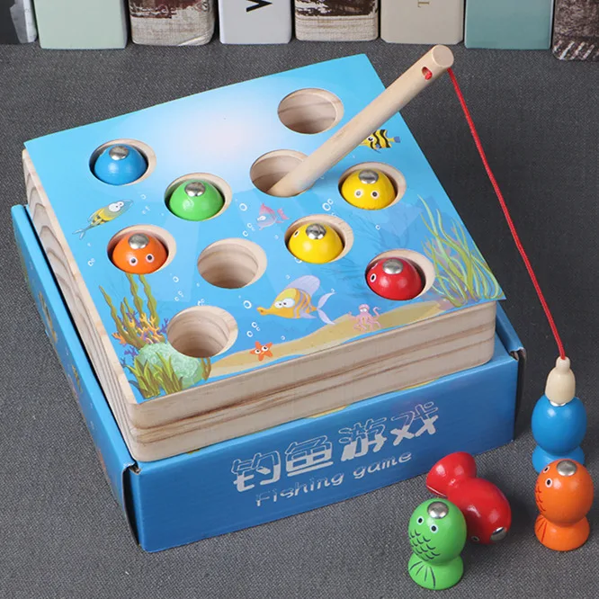 Высококачественные деревянные рыбные игры, Детские деревянные игрушки, магнитные игры, рыболовные игрушки для детей, 3D рыбки, детские развивающие игрушки для мальчиков и девочек - Цвет: Синий