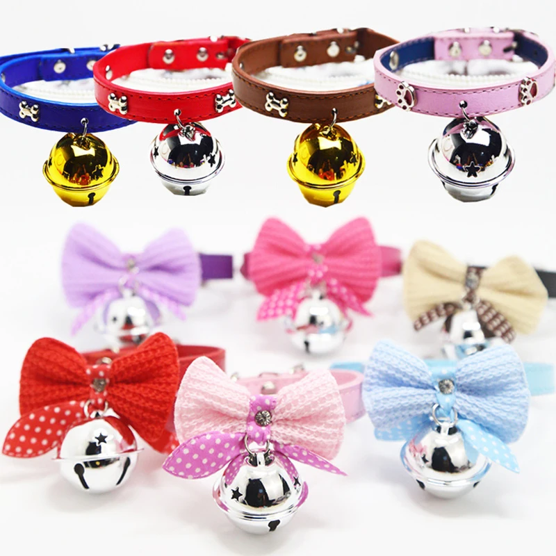 prativerdi Cute Pet Adjustable Dog Collars with Bowknot and Bells Necklace PU Collar For Christmas Dogs Cat pet shop Accessories11