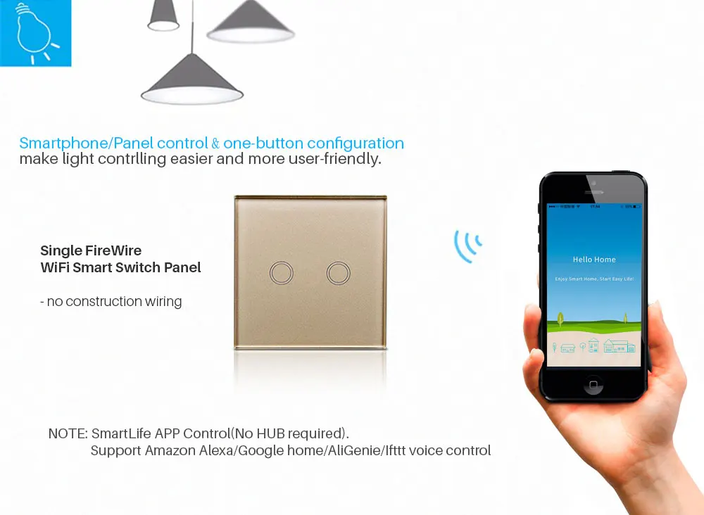 Универсальный умный Wi-Fi светильник, переключатель, 1 комплект, стандарт ЕС, Великобритании, управление через приложение, голосовое управление, совместим с Amazon Alexa Google Home Mini