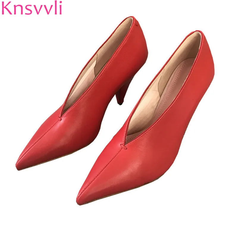 

Knsvvli New V Cut Outs Pointed Toe Genuine leather Spike Heels Shoes Women Pumps Bowknot Slingback High Heels Zapatos Mujer