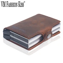 VM FASHION KISS RFID Crazy Horse Leather Mini Wallet Security Information Double Box Aluminum Credit Card Holder Metal Purse