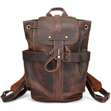 Vintage Leather Military Canvas Backpack Men's Backpack School Bag drawstring Backpack Travel Large Capacity Backpack Rucksack canvas drawstring colour block backpack
