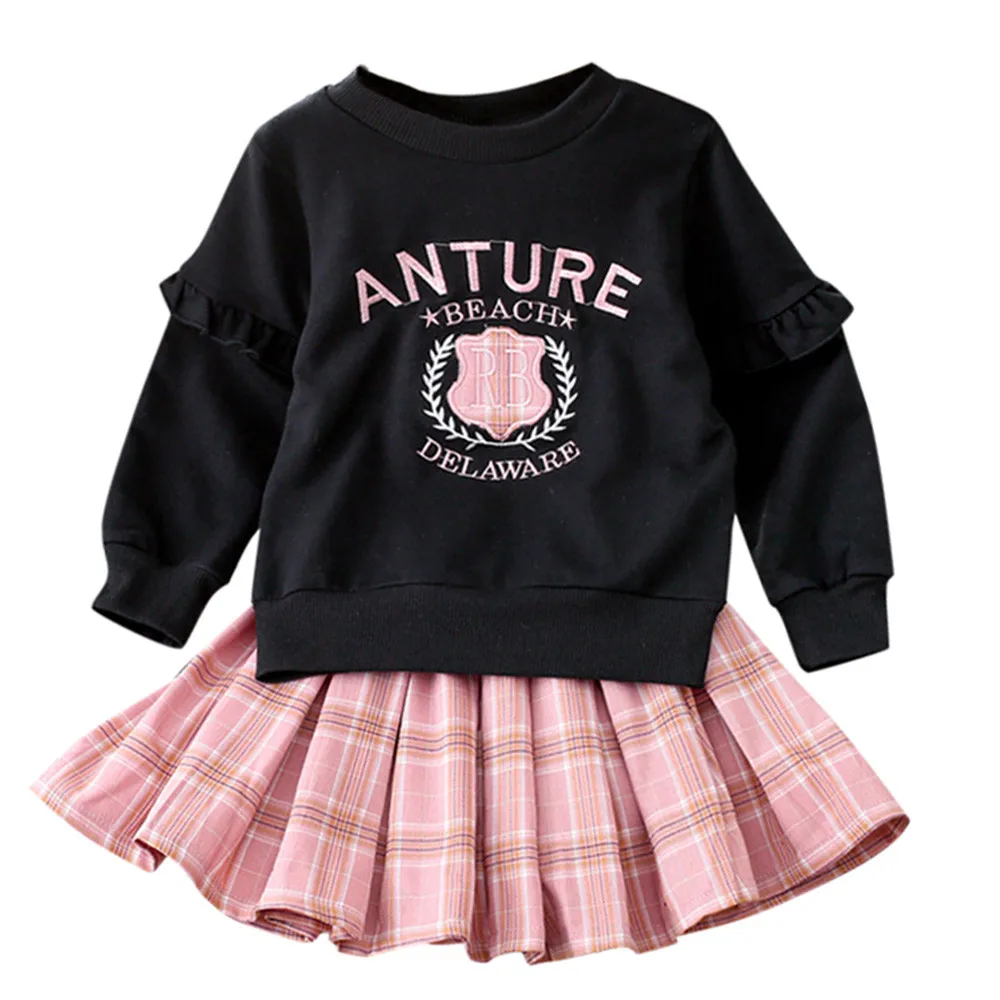 

Roupa infantil Baby Clothes Long Sleeve Cotton Children Clothing Toddler Baby Girls Letter Print Tops Sweatshirt +Plaid dress