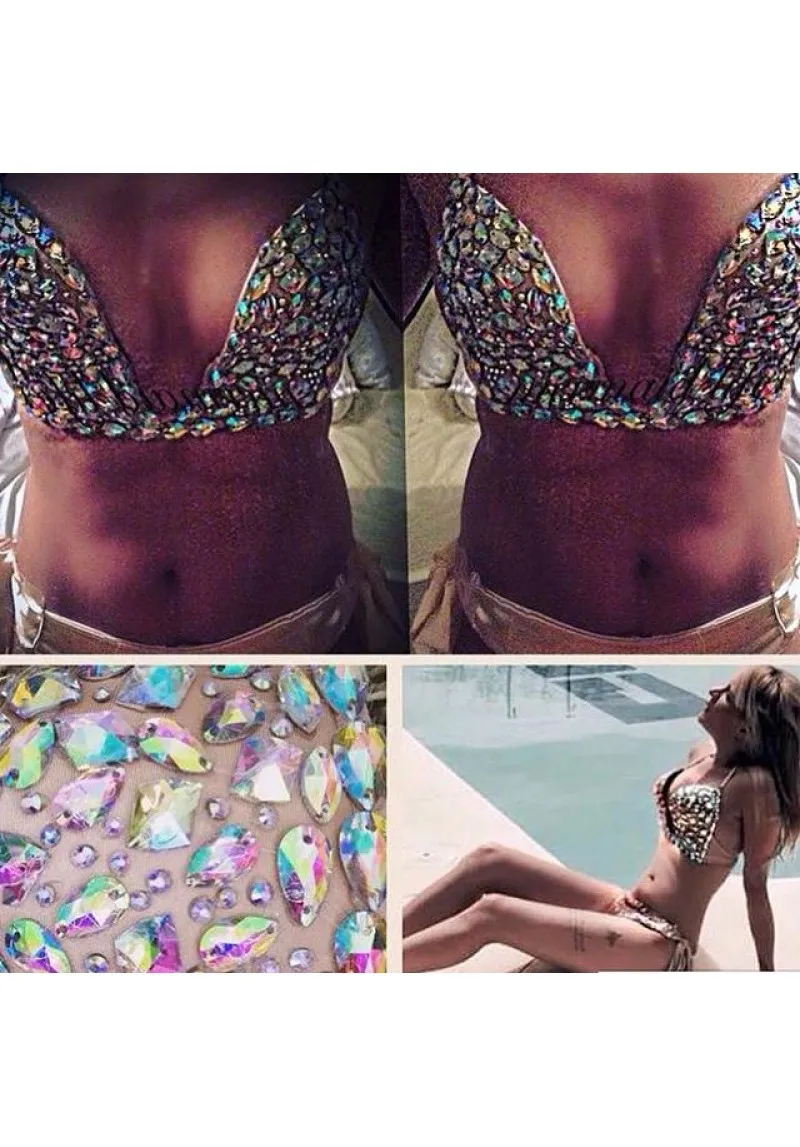 

Strappy Sexy Women Neoprene Triangle Handmade Diamond Rhinestone Solid Bikinis Deep V Neck Strappy Swimwear Swimsuit