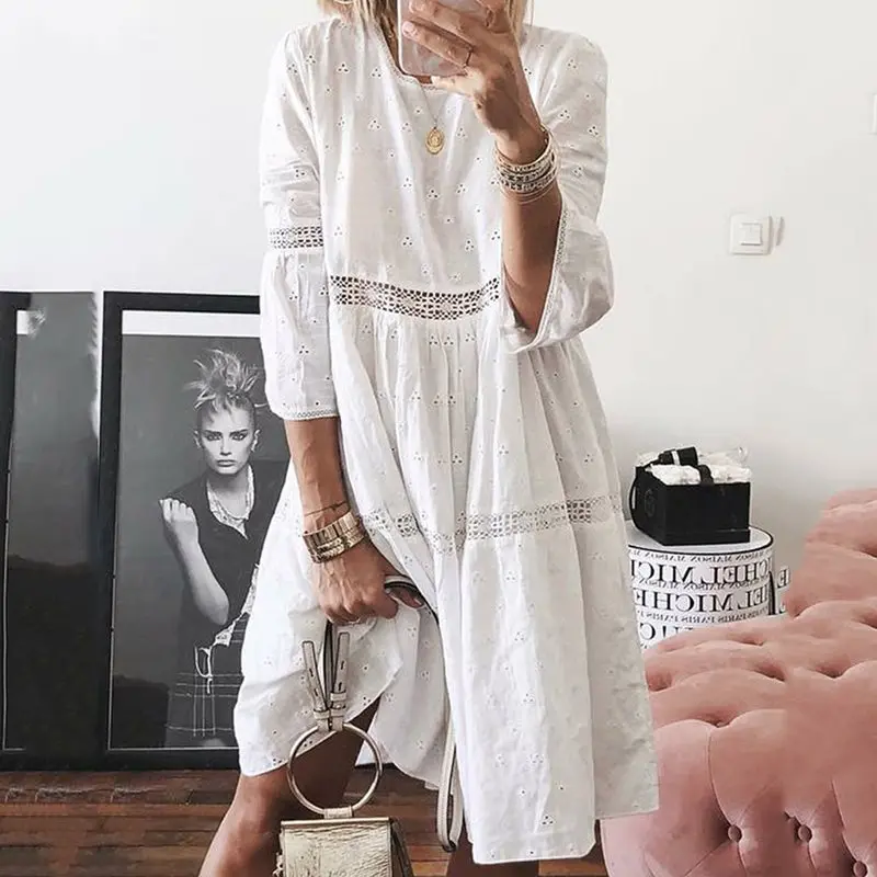 

Boho Summer Simple Sexy White Travel Beach Women Midi Dresses Plus Size Aline Plain Hollow Casual Female Fashion Chic Dress