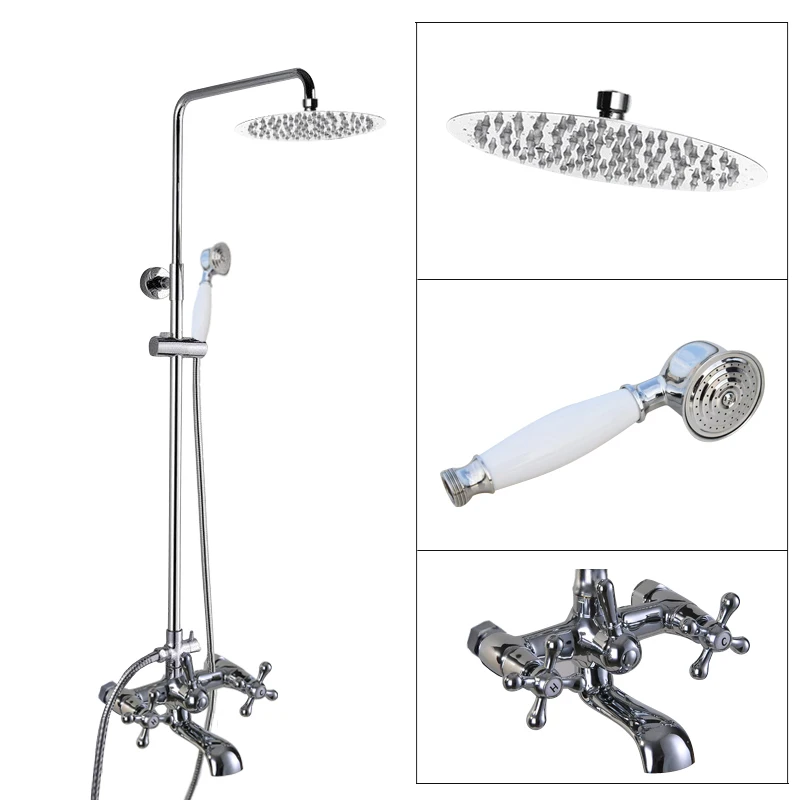 

Polished Chrome Brass Bathroom Wall Mounted Round Rain Shower Faucet Set with Hand Spray Two Cross Handles Tub Mixer Tap acy322