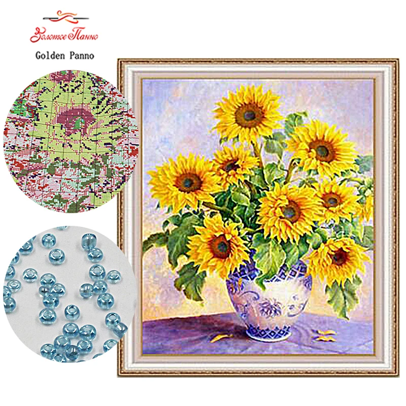 

Golden Panno,Needlework,DIY,beads,Cross stitch,Embroidery stitch,Precise Printed painting,plant Pattern, Bottle sunflower