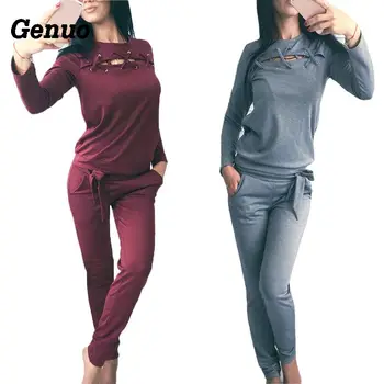 

Genuo Women Two Pieces Sets Spring Autumn Casual Solid Fitness Set Long Sleeve Hoodies + Long Pants Women Tracksuit Sportswear