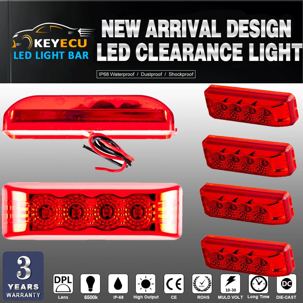 

KEYECU 4PCS Red 4"Inch 4LED Rectangle Truck Semi Trailer Side Marker Clearance Light Universal For use on Semi Trucks & Trailer