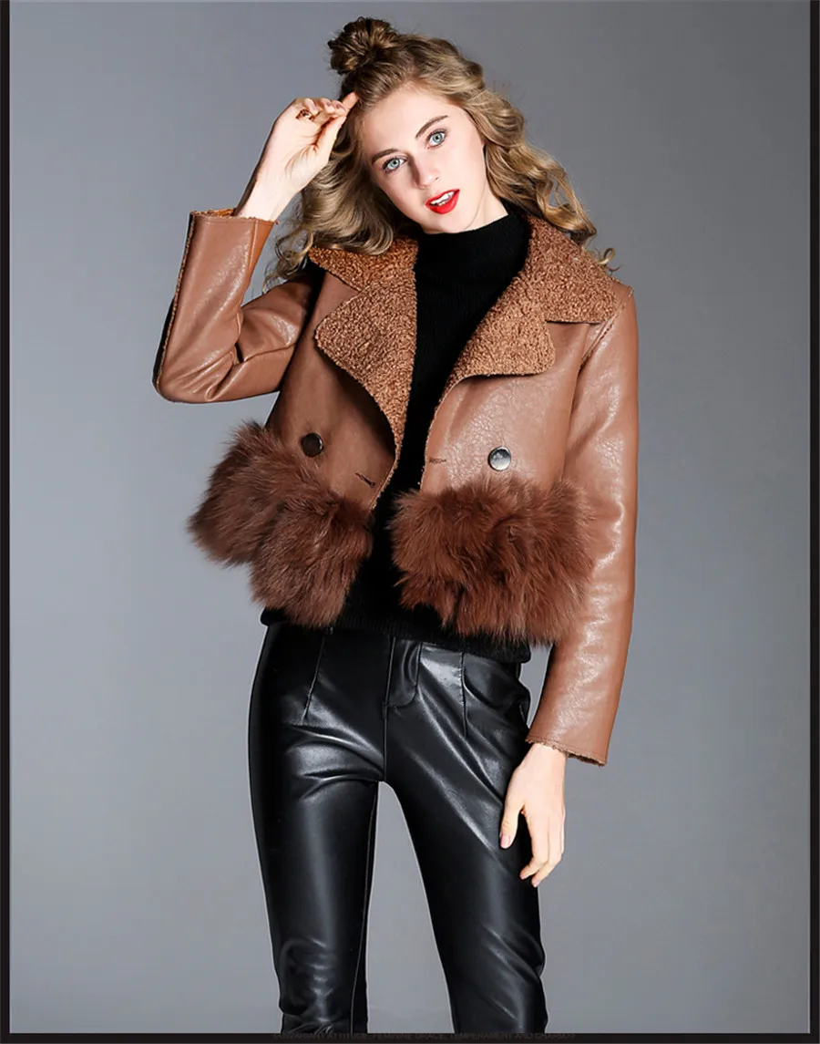 Кожаная женская куртка, новинка, Осень-зима, Женское пальто из искусственной кожи, пальто из овечьей шерсти, весеннее короткое сексуальное пальто для девочек, Женское пальто из кроличьей шерсти A0156