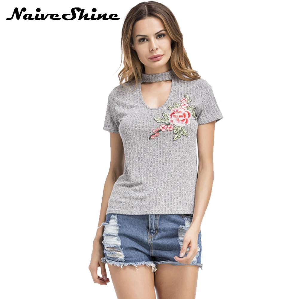 

Naive Shine Womens Casual Tees Floral Embroidery Summer T-Shirts Short Sleeve Halter Hollow Out Cotton Femme tshirt Woman Tops