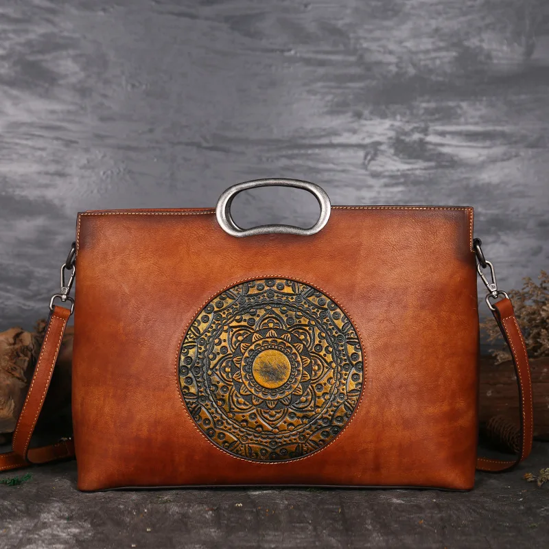 

High Quality Natural Skin Women Shoulder Tote Bags Retro Handbag Totem Pattern Genuine Embossed Leather Messenger Top Handle Bag