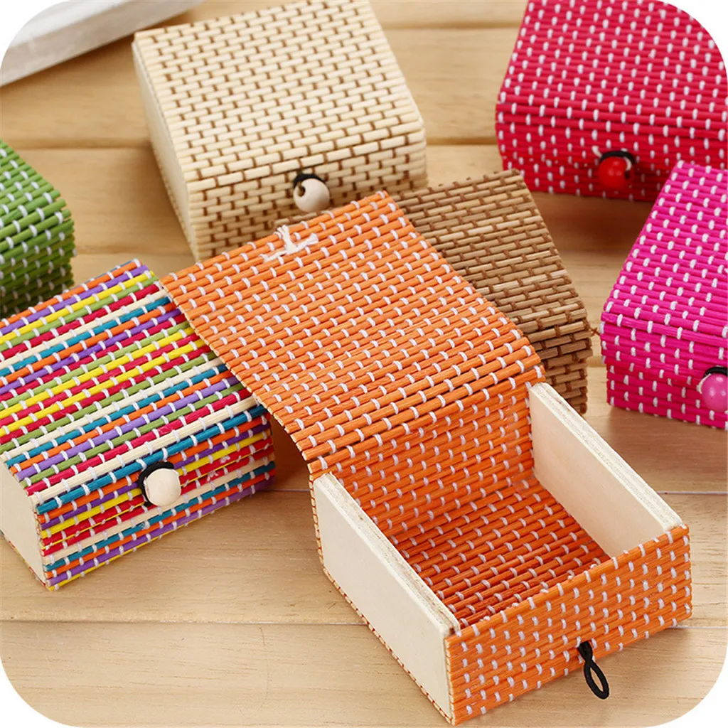 

Bamboo Wooden Jewelry Organizer Storage Box Strap Craft Square Case Quality Square Jewelry Rings Organizer Box Storage Boxes