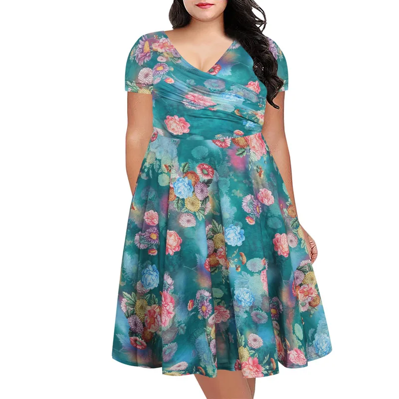 

Women's Elegant Summer 2018 Floral Print Wrap V Neck Cocktail Party Pleat Vintage 1950's Swing Dress Big Size xxxl 4xl 300233